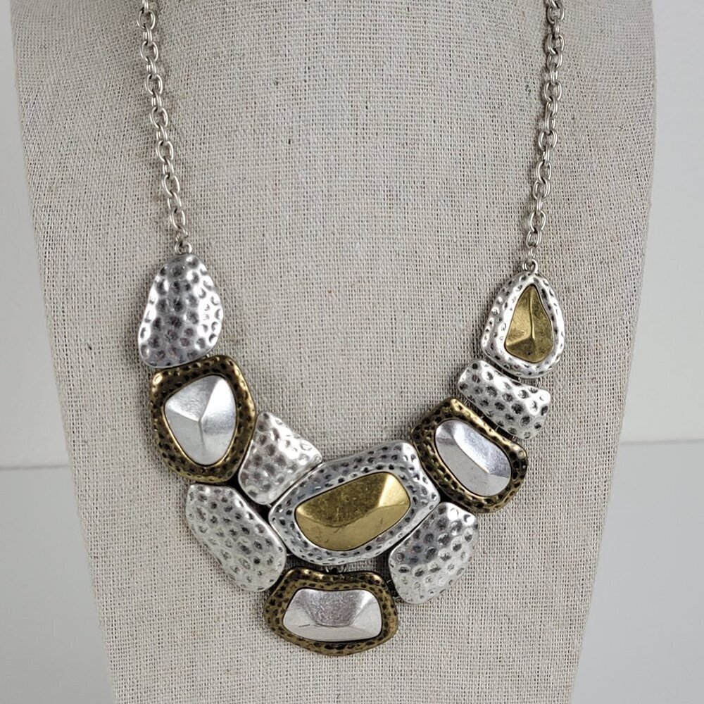 Premier Designs Hammered Metal Necklace Silver/Brass Tone 20.5" "Pioneer"